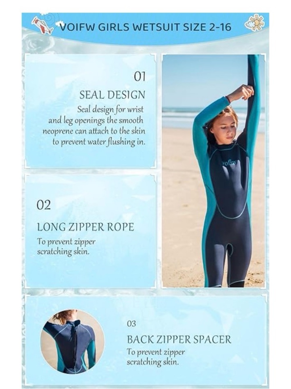 VOFIW Kids Long Sleeve Wetsuit in Navy with Teal Panels - Picture 2 of 5